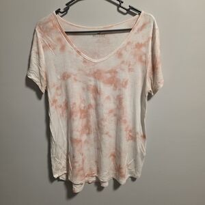 Hollister Pink and White Tie-Dye V-Neck Tee